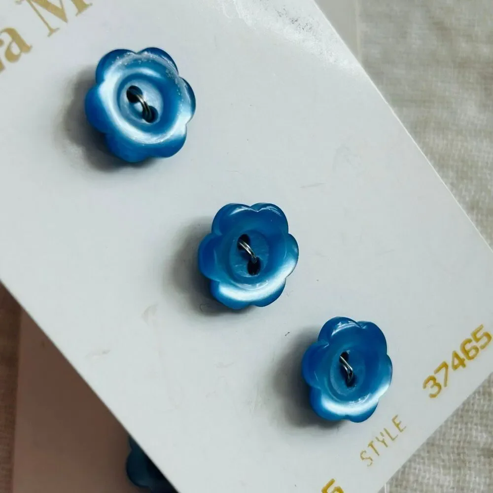 (6) Vintage La Mode Blue Flower Buttons Made in France